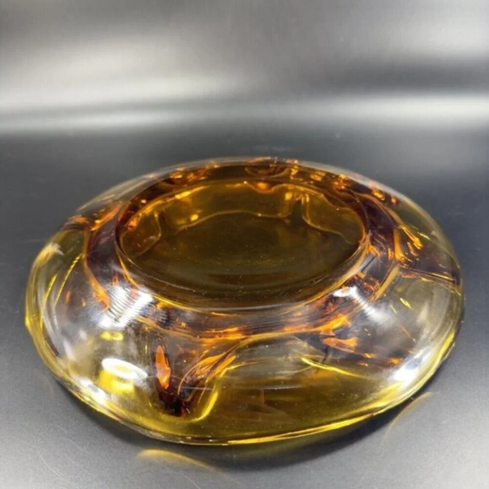 1960s Vintage Amber‎ Glass Ashtray Dish Wavy Edges Vintage Glass Decor 8 In Wide